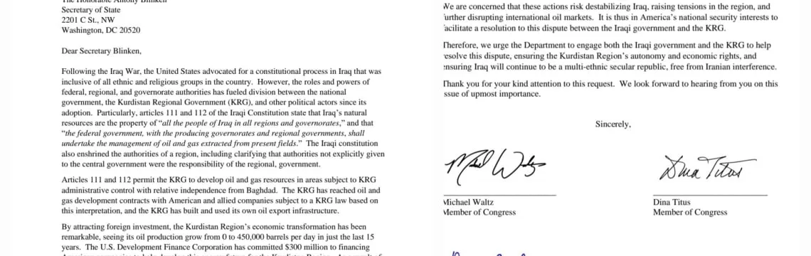 Three US Congress members urge the State Department to try to solve the Oil and Gas dispute between the Iraq and Kurdistan Region governments
