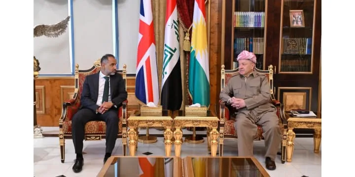 President Masoud Barzani met with Ambassador Irfan Sadiq, Ambassador of the United Kingdom to Iraq, on Sunday, 16 November 2025 in Pirmam.